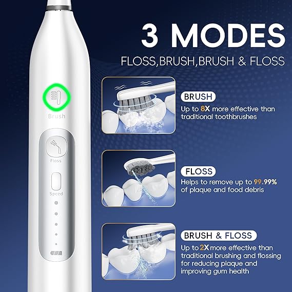Electric Toothbrush with Water Flosser Combo, 3 Sonic Cleaning Modes, 5 Flossing Speeds, 4 Brush Heads, Portable Flossing Toothbrush for Adults Teeth Cleaning for Plaque Removal