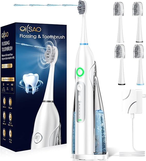 Electric Toothbrush with Water Flosser Combo, 3 Sonic Cleaning Modes, 5 Flossing Speeds, 4 Brush Heads, Portable Flossing Toothbrush for Adults Teeth Cleaning for Plaque Removal
